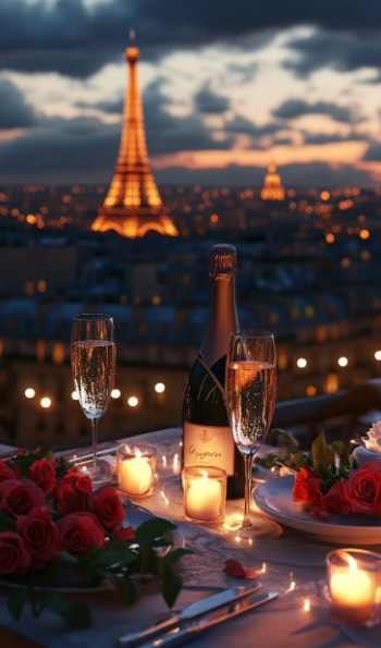Jantar romântico com vista para a Torre Eiffel iluminada à noite